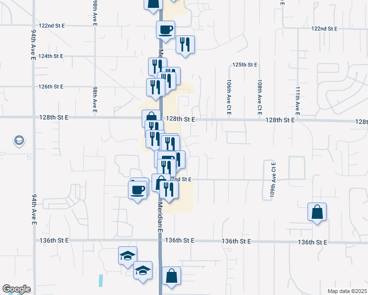 map of restaurants, bars, coffee shops, grocery stores, and more near 13011 Meridian East in Puyallup