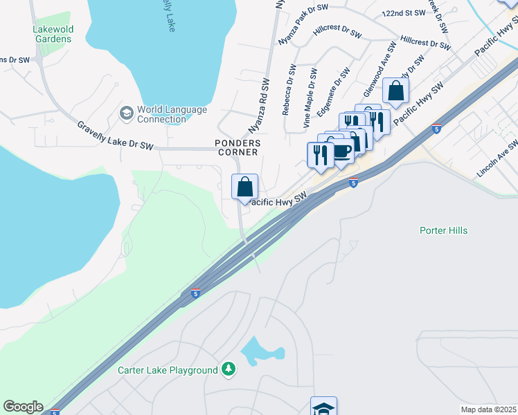 map of restaurants, bars, coffee shops, grocery stores, and more near in Lakewood