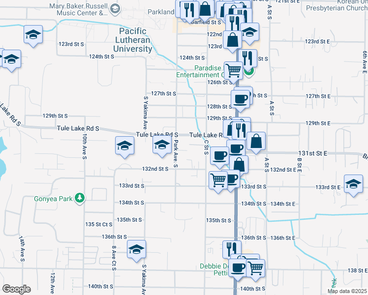 map of restaurants, bars, coffee shops, grocery stores, and more near 504 130th Street Court South in Tacoma