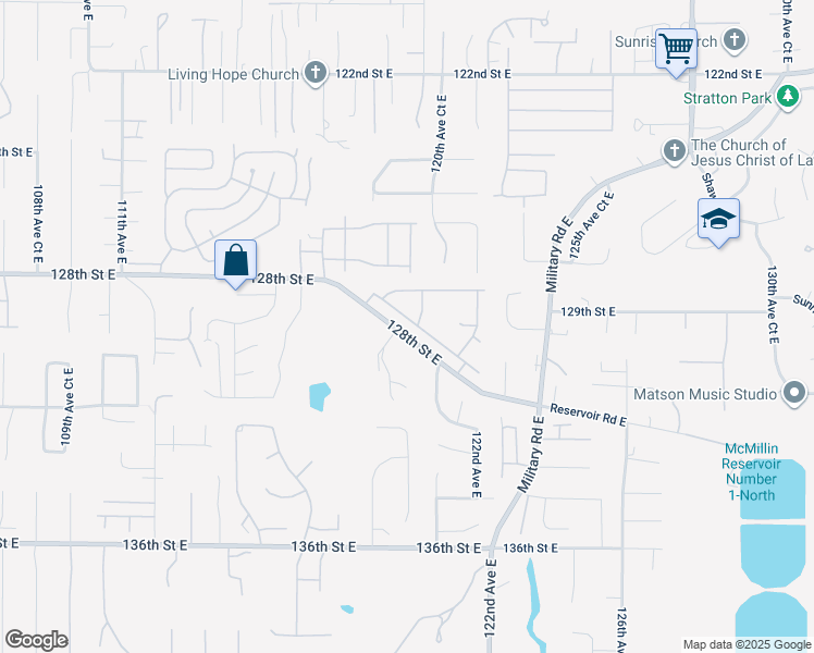 map of restaurants, bars, coffee shops, grocery stores, and more near 11916 130th Street East in Puyallup