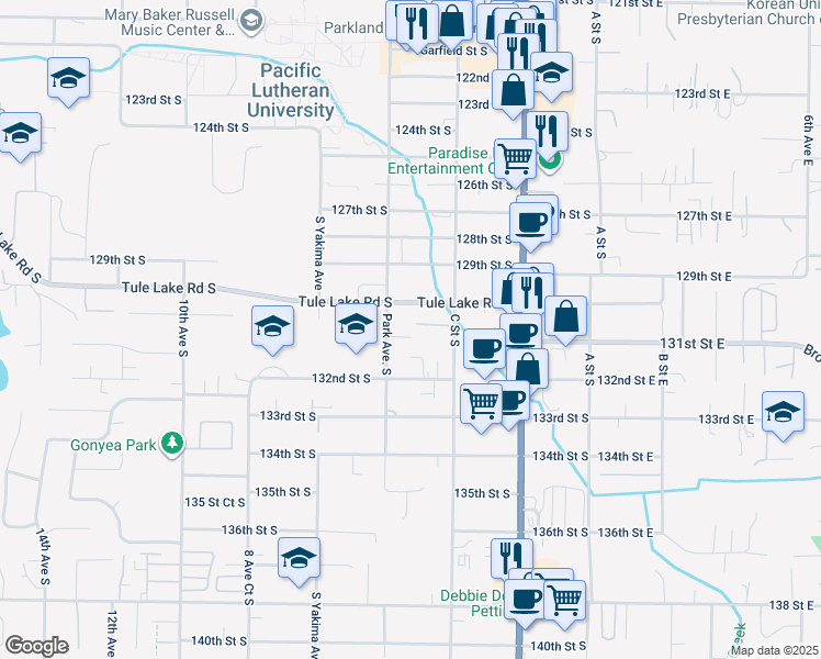 map of restaurants, bars, coffee shops, grocery stores, and more near 504 130th Street Court South in Tacoma