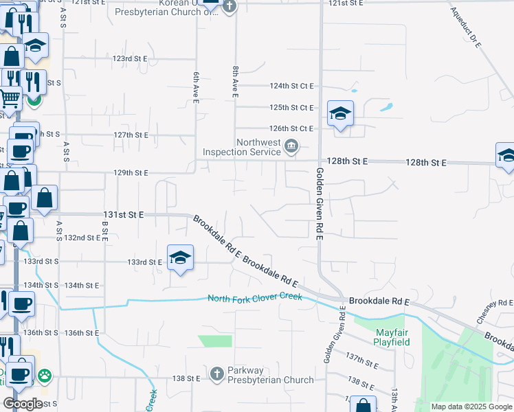 map of restaurants, bars, coffee shops, grocery stores, and more near 12923 8th Avenue Court East in Tacoma