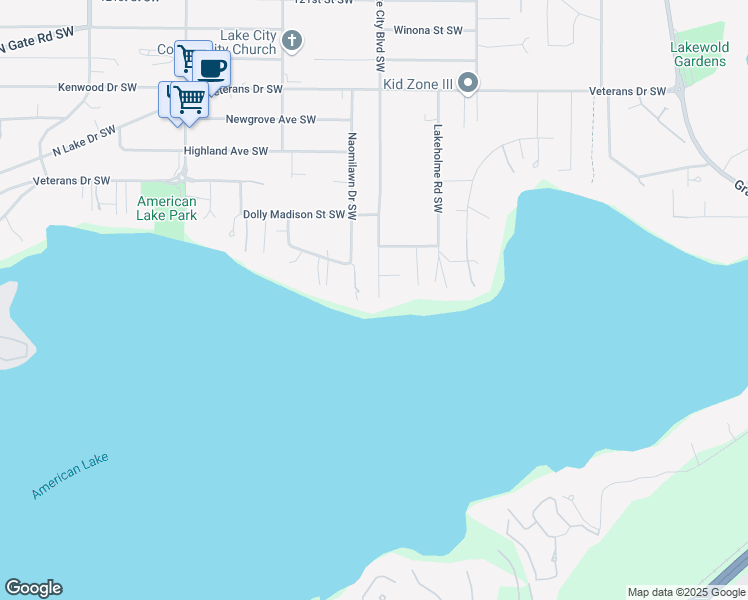 map of restaurants, bars, coffee shops, grocery stores, and more near 13024 Lake City Boulevard Southwest in Tacoma