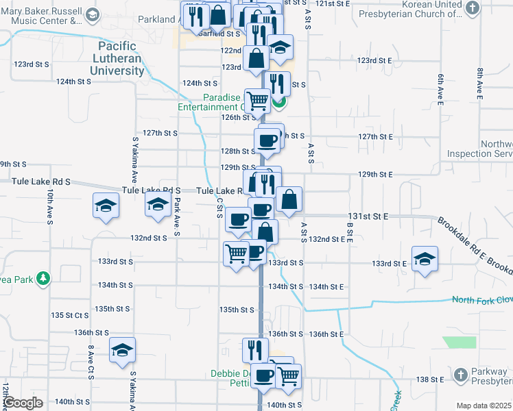 map of restaurants, bars, coffee shops, grocery stores, and more near 13005 Pacific Avenue South in Parkland