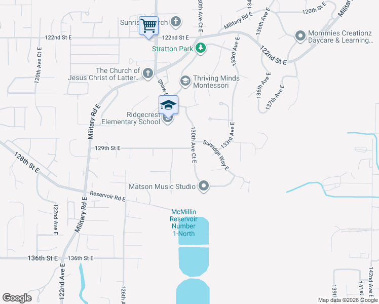 map of restaurants, bars, coffee shops, grocery stores, and more near 12906 130th Avenue Court East in Puyallup