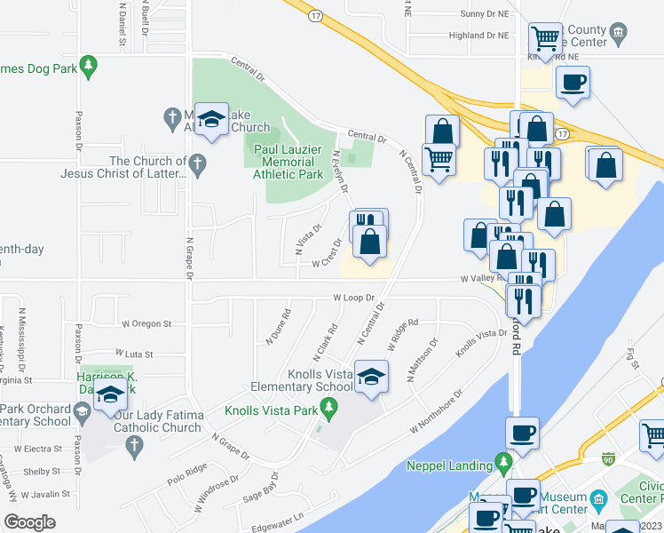 map of restaurants, bars, coffee shops, grocery stores, and more near 607 West Crest Drive in Moses Lake
