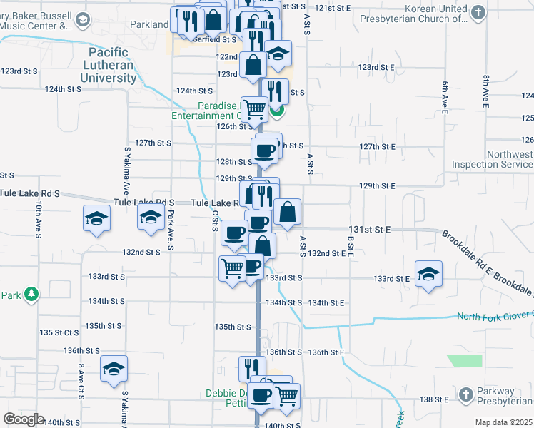 map of restaurants, bars, coffee shops, grocery stores, and more near 13005 Pacific Avenue South in Parkland
