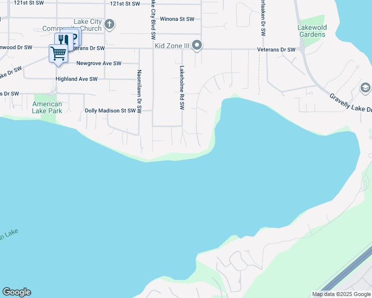 map of restaurants, bars, coffee shops, grocery stores, and more near 13001 Lakeholme Rd SW in Tacoma
