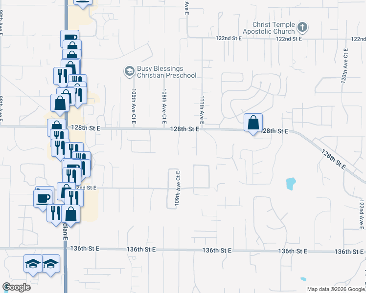 map of restaurants, bars, coffee shops, grocery stores, and more near 12913 109th Avenue Court East in South Hill