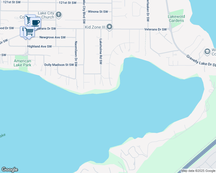 map of restaurants, bars, coffee shops, grocery stores, and more near 13001 Lakeholme Road Southwest in Tacoma