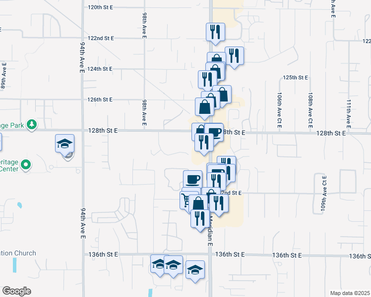 map of restaurants, bars, coffee shops, grocery stores, and more near 10015 129th Street Court East in Puyallup