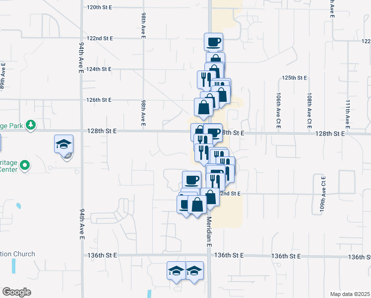 map of restaurants, bars, coffee shops, grocery stores, and more near 10015 129th Street Court East in Puyallup