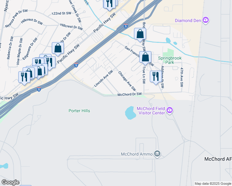 map of restaurants, bars, coffee shops, grocery stores, and more near 5412 Detroit Avenue Southwest in Tacoma