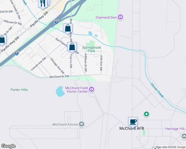 map of restaurants, bars, coffee shops, grocery stores, and more near 4700-4898 McChord Drive Southwest in Lakewood