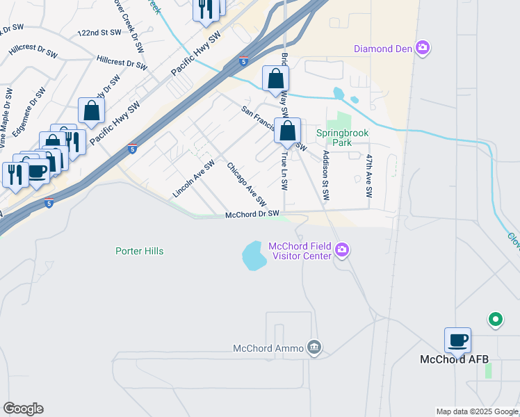 map of restaurants, bars, coffee shops, grocery stores, and more near 5403 McChord Drive Southwest in Tacoma
