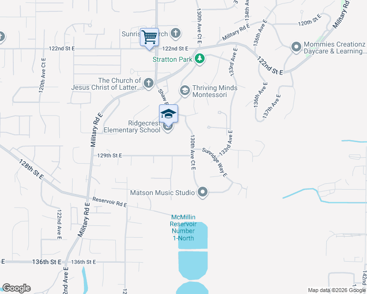 map of restaurants, bars, coffee shops, grocery stores, and more near 12906 130th Avenue Court East in Puyallup