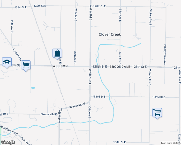 map of restaurants, bars, coffee shops, grocery stores, and more near 12821 Waller Road East in Tacoma