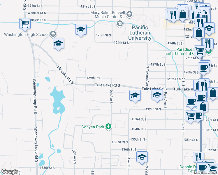 map of restaurants, bars, coffee shops, grocery stores, and more near 1002 130th Street South in Parkland