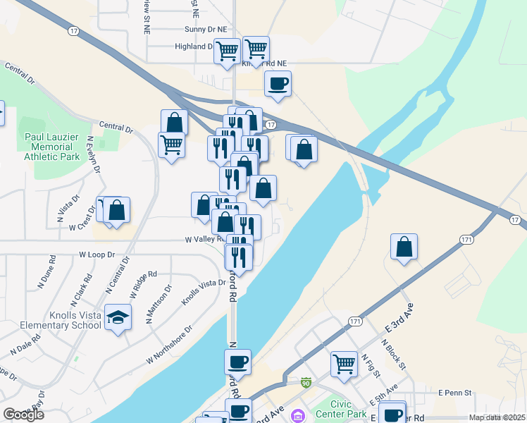 map of restaurants, bars, coffee shops, grocery stores, and more near 815 North Stratford Road in Moses Lake