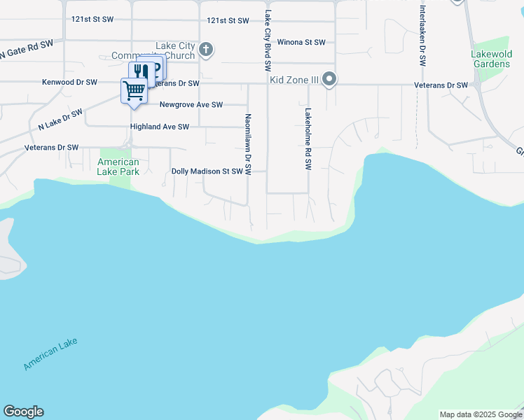 map of restaurants, bars, coffee shops, grocery stores, and more near 13024 Lake City Boulevard Southwest in Tacoma