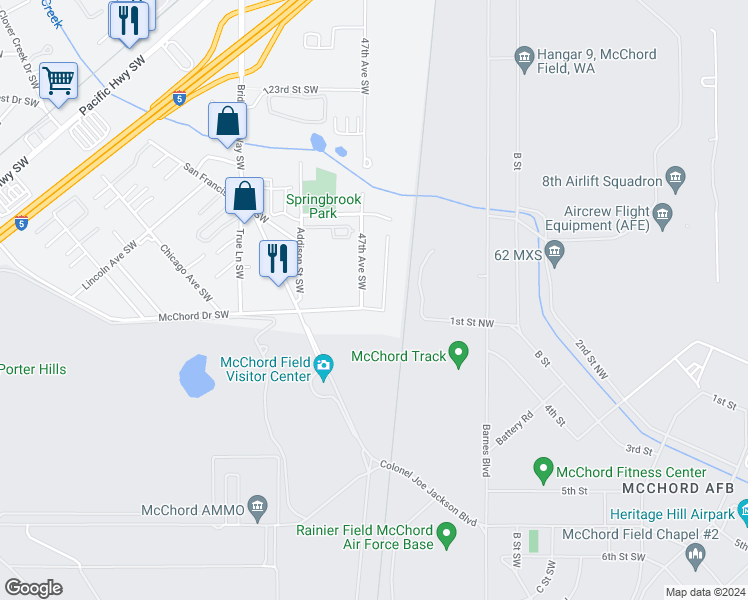 map of restaurants, bars, coffee shops, grocery stores, and more near 12915 47th Avenue Southwest in Tacoma