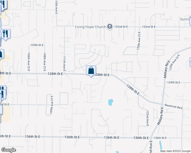 map of restaurants, bars, coffee shops, grocery stores, and more near 12801 115th Avenue Court East in South Hill
