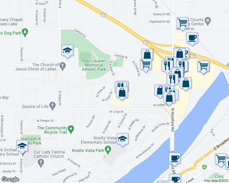 map of restaurants, bars, coffee shops, grocery stores, and more near 505 West Crest Drive in Moses Lake