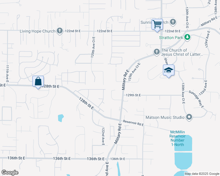 map of restaurants, bars, coffee shops, grocery stores, and more near 12213 128th Street Court East in Puyallup