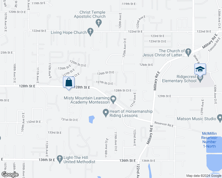 map of restaurants, bars, coffee shops, grocery stores, and more near 11905 128th Street Court East in Puyallup
