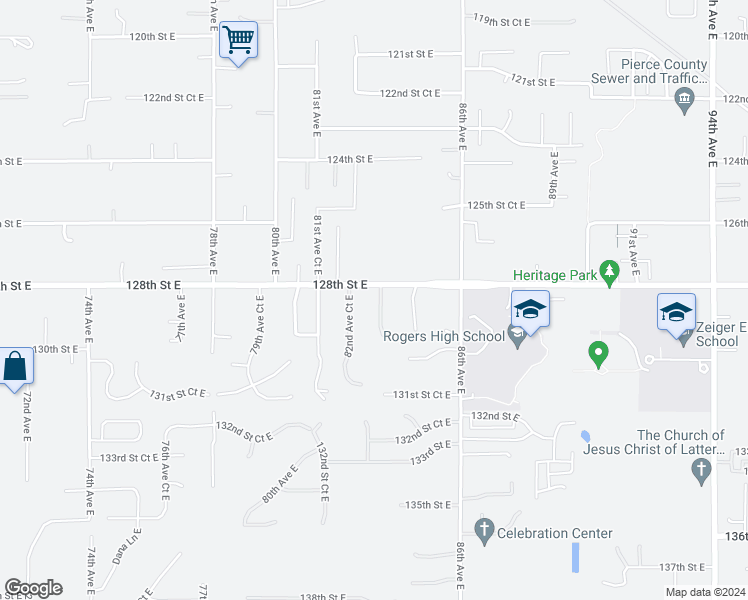 map of restaurants, bars, coffee shops, grocery stores, and more near 12814 83rd Avenue Court East in Puyallup