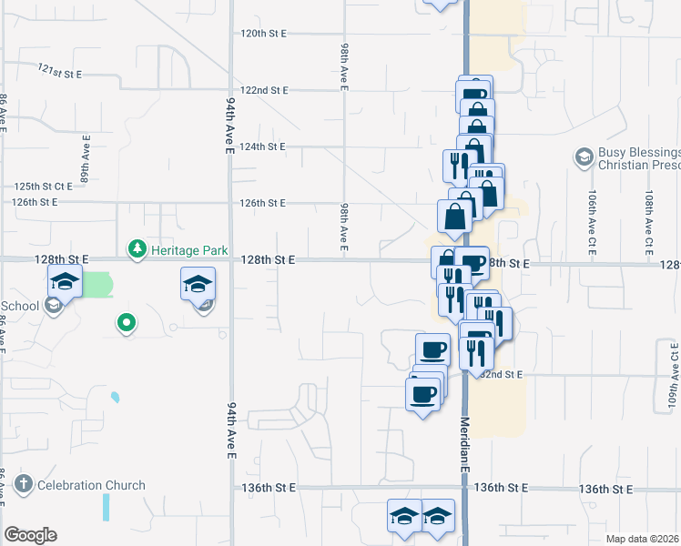map of restaurants, bars, coffee shops, grocery stores, and more near 9723 128th Street East in South Hill