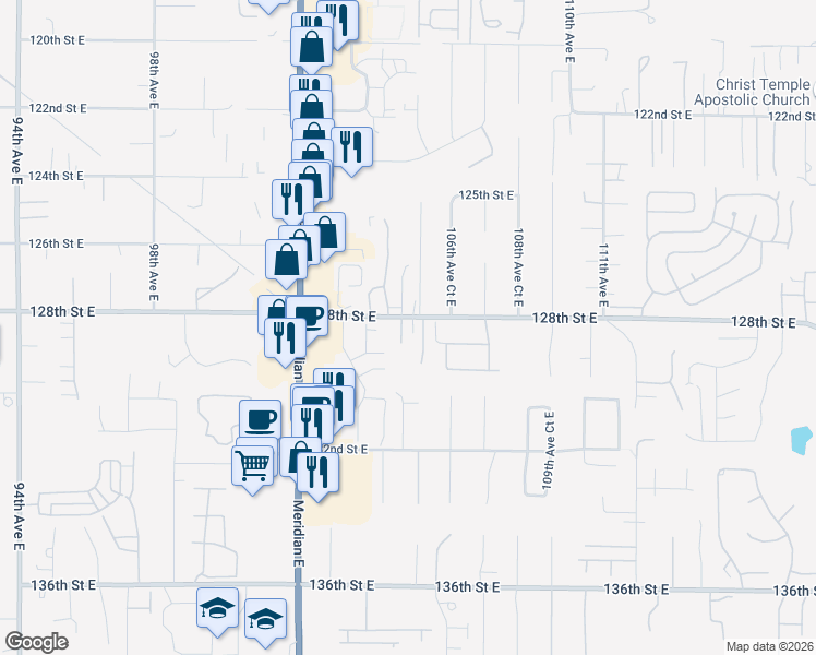 map of restaurants, bars, coffee shops, grocery stores, and more near 10507 128th Street East in Puyallup