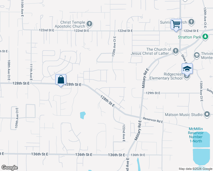 map of restaurants, bars, coffee shops, grocery stores, and more near 11921 128th Street Court East in Puyallup