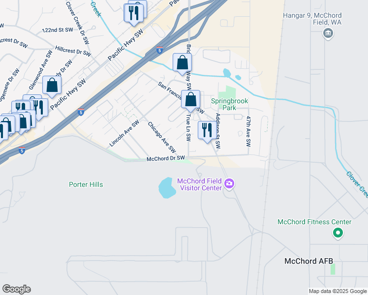map of restaurants, bars, coffee shops, grocery stores, and more near 5116 128th Street Court Southwest in Lakewood