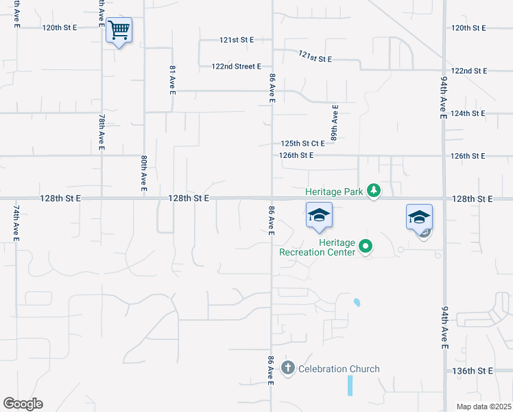 map of restaurants, bars, coffee shops, grocery stores, and more near 8504 128th Street East in Puyallup