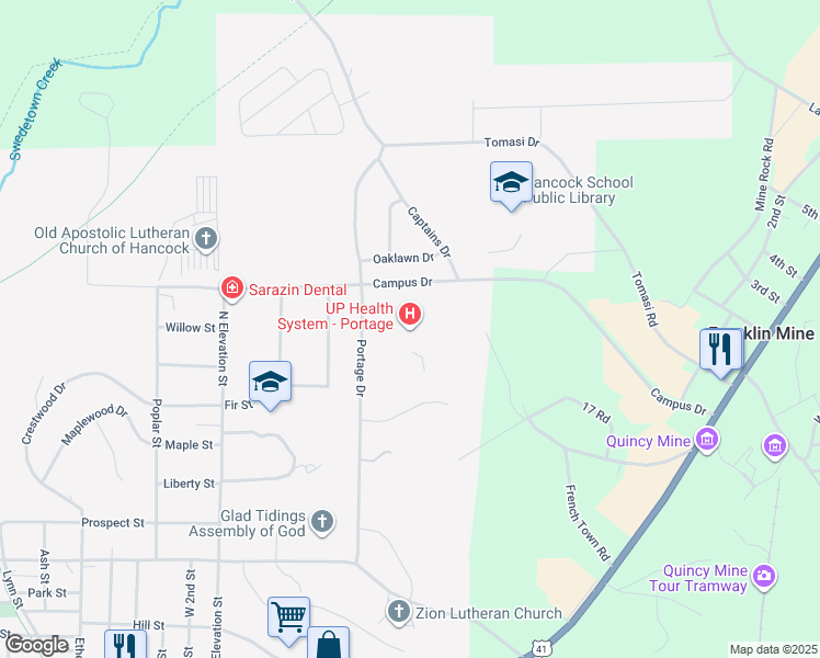map of restaurants, bars, coffee shops, grocery stores, and more near 500 Campus Drive in Hancock