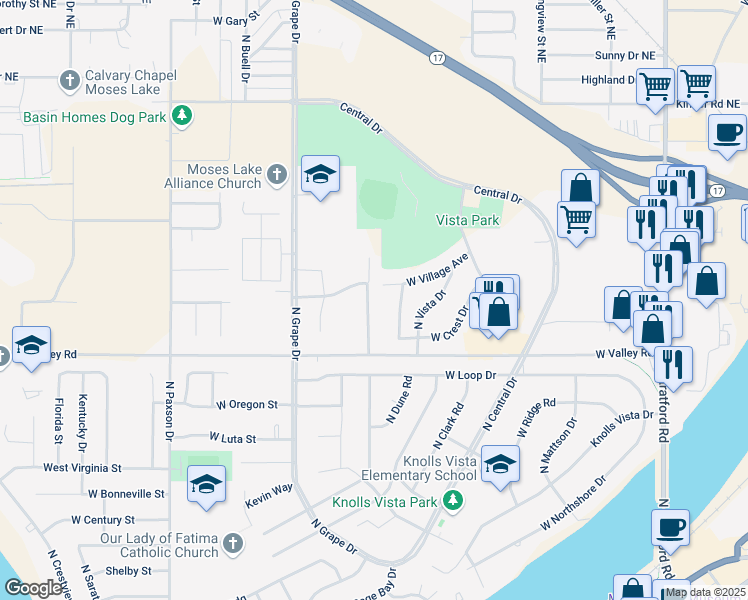map of restaurants, bars, coffee shops, grocery stores, and more near 713 West Village Avenue in Moses Lake