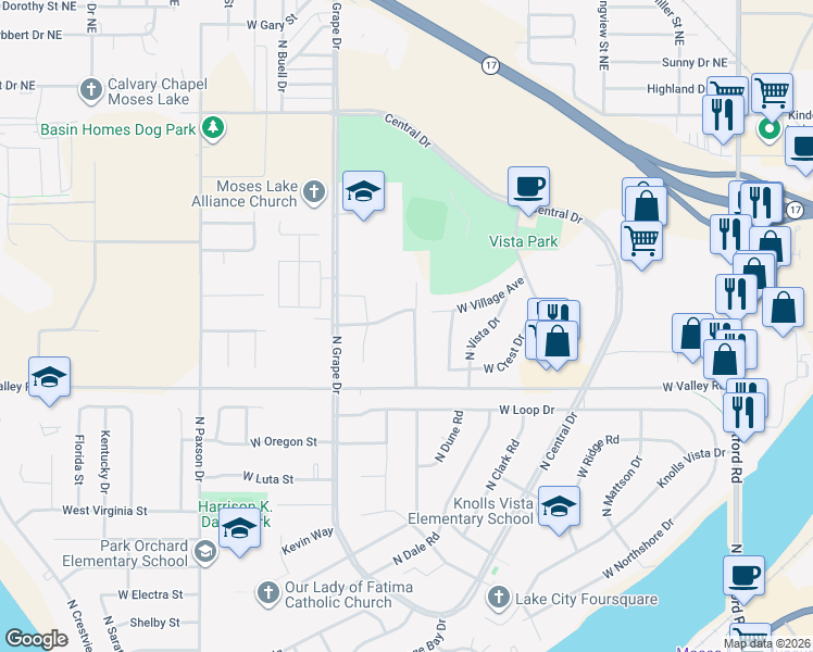 map of restaurants, bars, coffee shops, grocery stores, and more near 800 Northwest Sunburst Court in Moses Lake