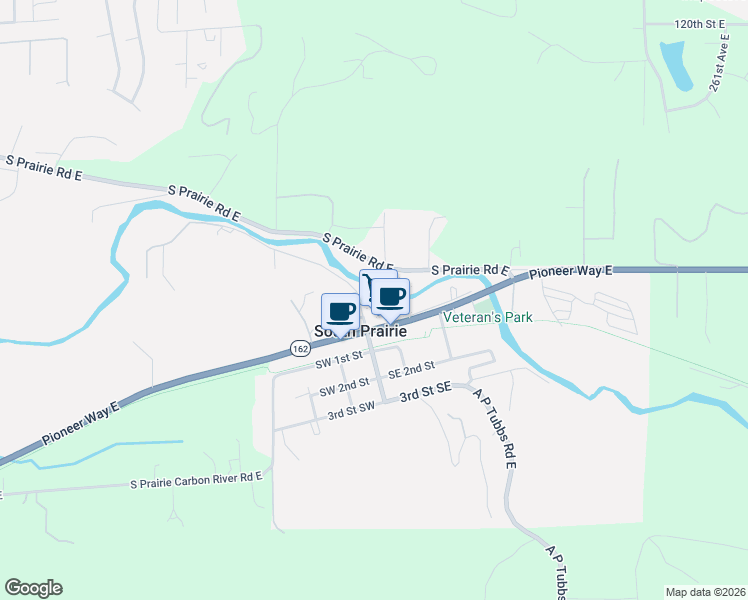 map of restaurants, bars, coffee shops, grocery stores, and more near 25014 South Prairie Road East in Buckley