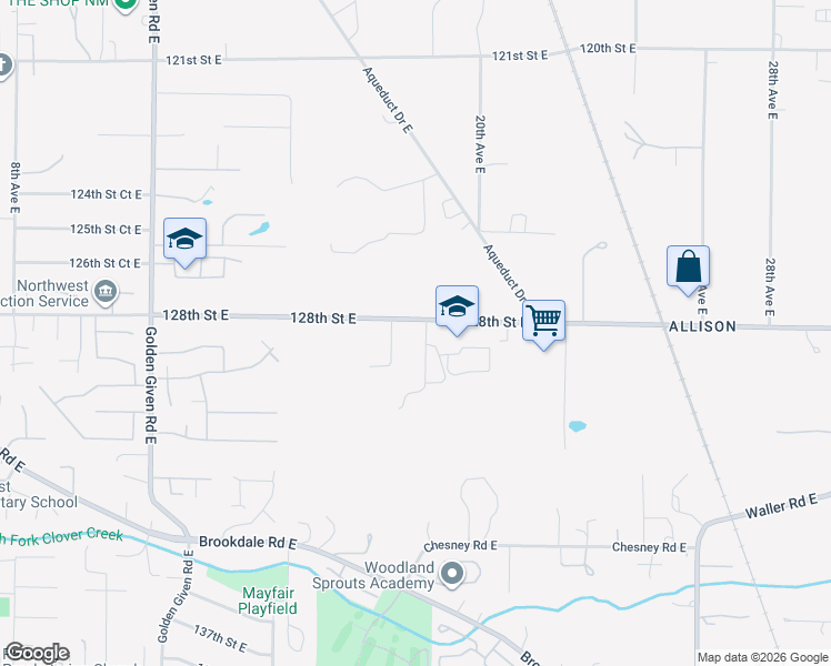 map of restaurants, bars, coffee shops, grocery stores, and more near 1720 128th Street East in Tacoma