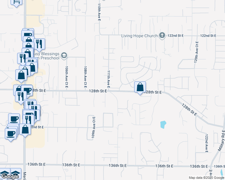 map of restaurants, bars, coffee shops, grocery stores, and more near 11121 127th Street Court East in South Hill