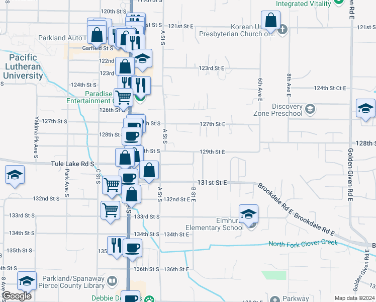 map of restaurants, bars, coffee shops, grocery stores, and more near 161 129th Street East in Tacoma