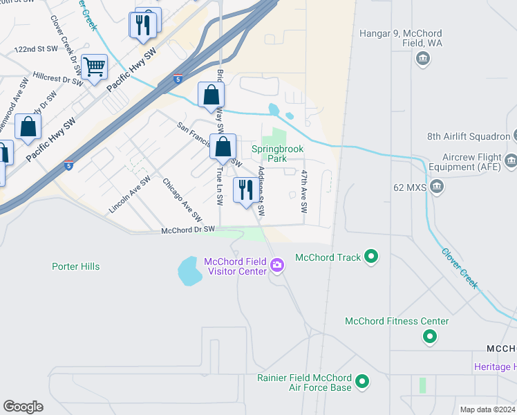 map of restaurants, bars, coffee shops, grocery stores, and more near 16 Addison Street Southwest in Lakewood
