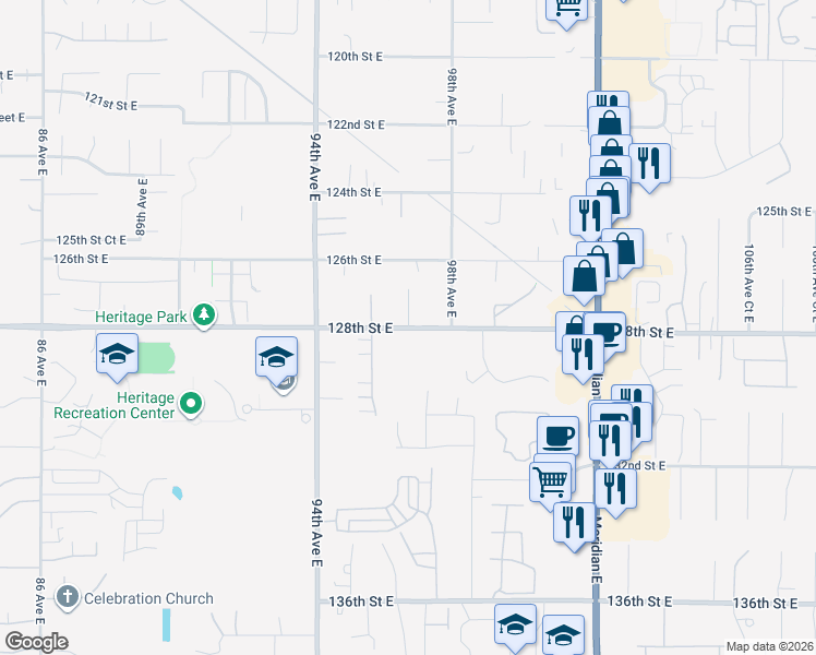 map of restaurants, bars, coffee shops, grocery stores, and more near 13008 97th Avenue East in Puyallup