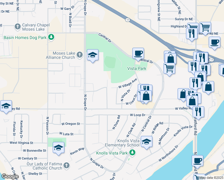 map of restaurants, bars, coffee shops, grocery stores, and more near 713 West Village Avenue in Moses Lake