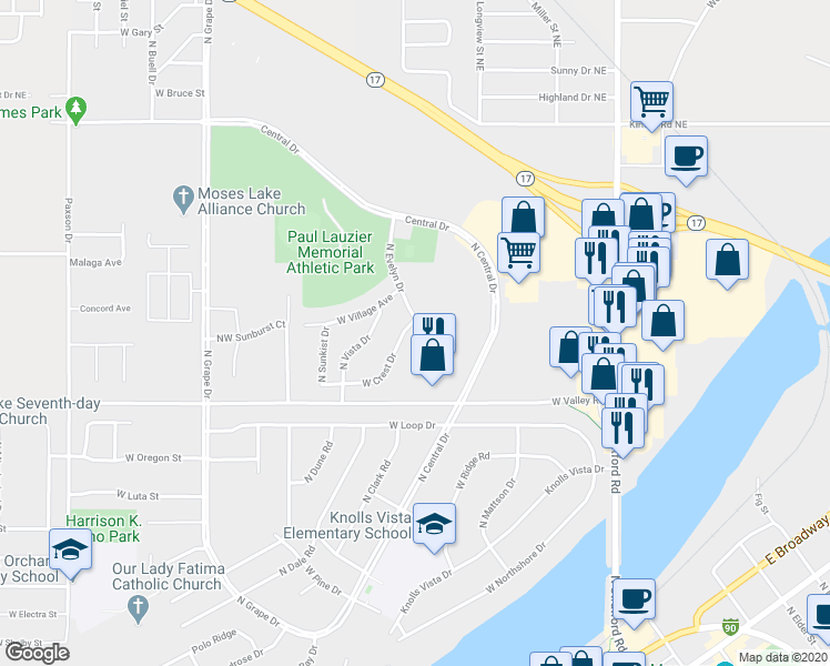 map of restaurants, bars, coffee shops, grocery stores, and more near 505 West Crest Drive in Moses Lake