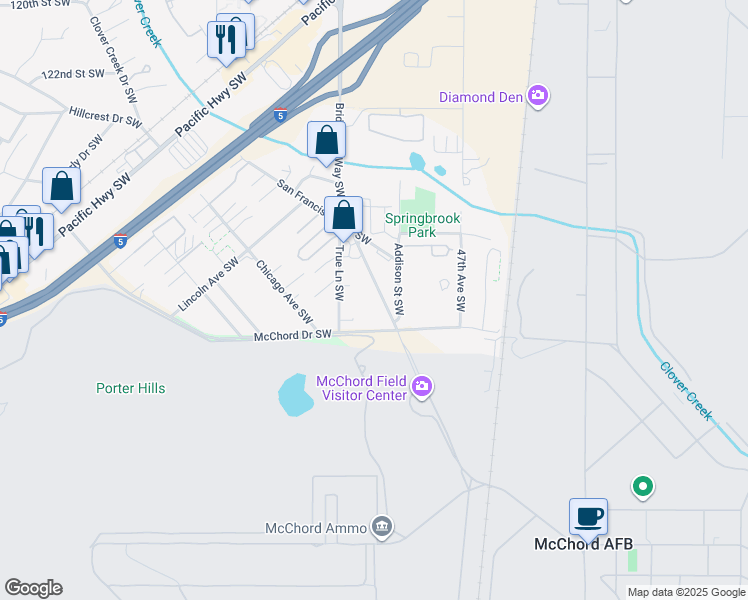map of restaurants, bars, coffee shops, grocery stores, and more near 12816 Bridgeport Way Southwest in Tacoma