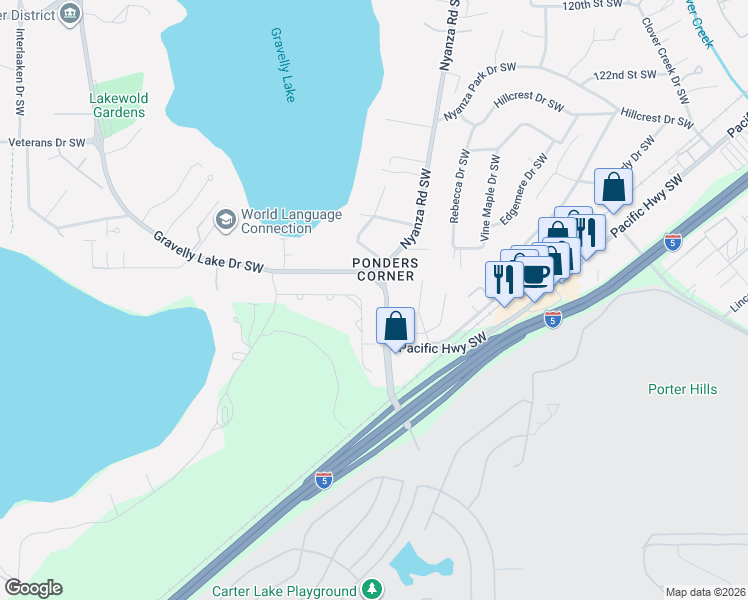 map of restaurants, bars, coffee shops, grocery stores, and more near 12825 Gravelly Lake Drive Southwest in Tacoma