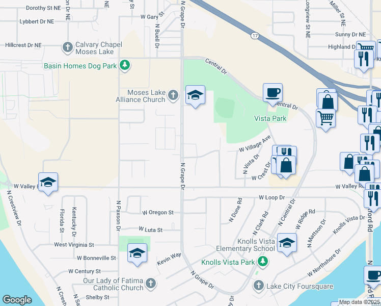 map of restaurants, bars, coffee shops, grocery stores, and more near 910 Northwest Sunburst Court in Moses Lake