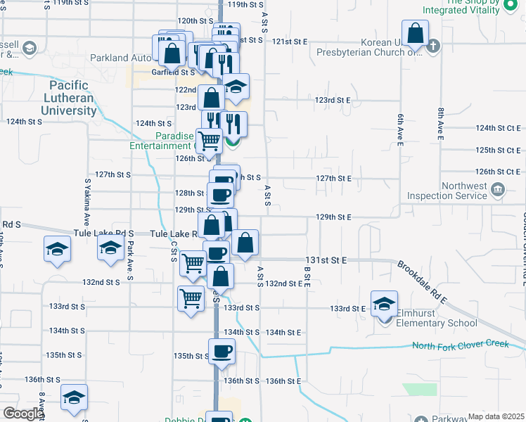 map of restaurants, bars, coffee shops, grocery stores, and more near 103 129th Street East in Tacoma